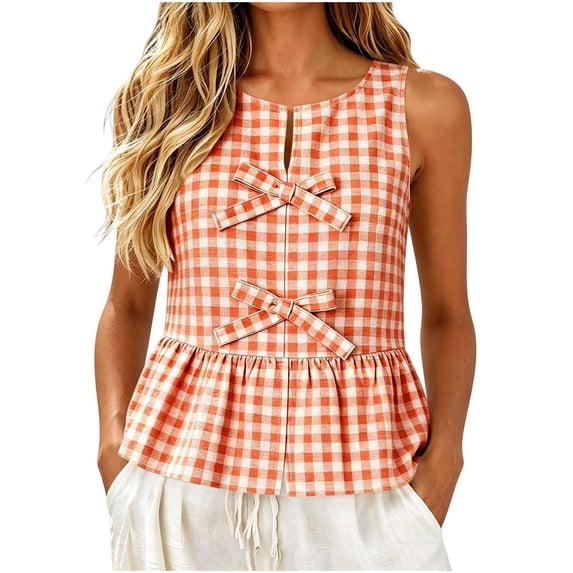 cocolona Womens Summer Linen Tank Tops Plaid with Crew Neck Front Lace-up Sleeveless Pleated Shirts Trendy Casual Blouses