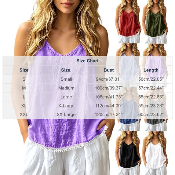 cocolona Womens Summer Linen Tank Tops Sleeveless V Neck Lace Hem Camisole Shirts Casual Solid Color Blouses