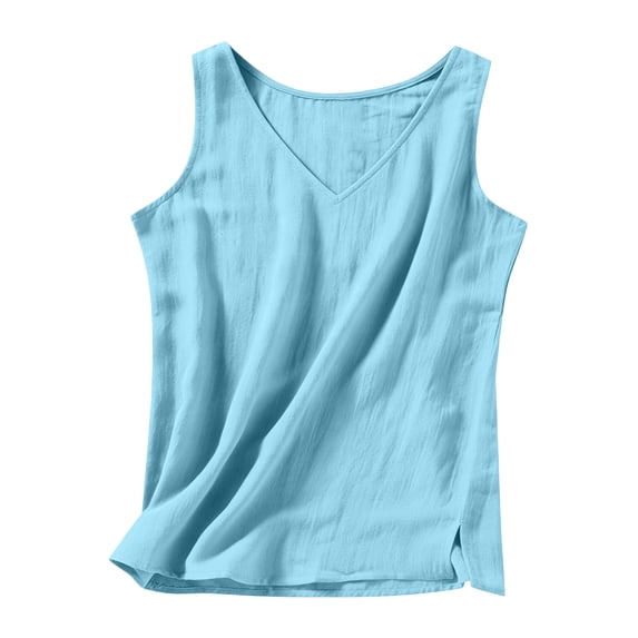 cocolona Womens Summer Linen Tank Tops V Neck Sleeveless Side Slit T-Shirt Fashion Casual Loose Blouses
