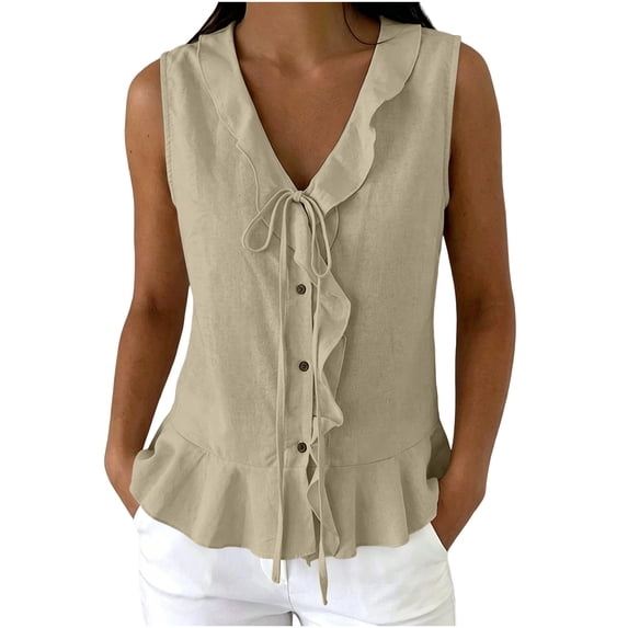 cocolona Womens Summer Linen Tank Tops V Neck Sleeveless Tie Front Ruffle Button Shirts Trendy Casual Pleated Solid Color Blouses