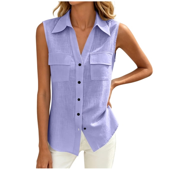cocolona Womens Summer Linen Tops Collared Sleeveless Shirts Solid Color Dressy Casual Blouses with Pockets