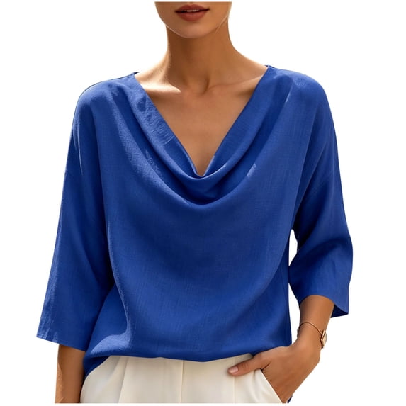 cocolona Womens Summer Linen Tops Cowl Neck 3/4 Sleeve Shirts Dressy Casual Solid Color Blouses