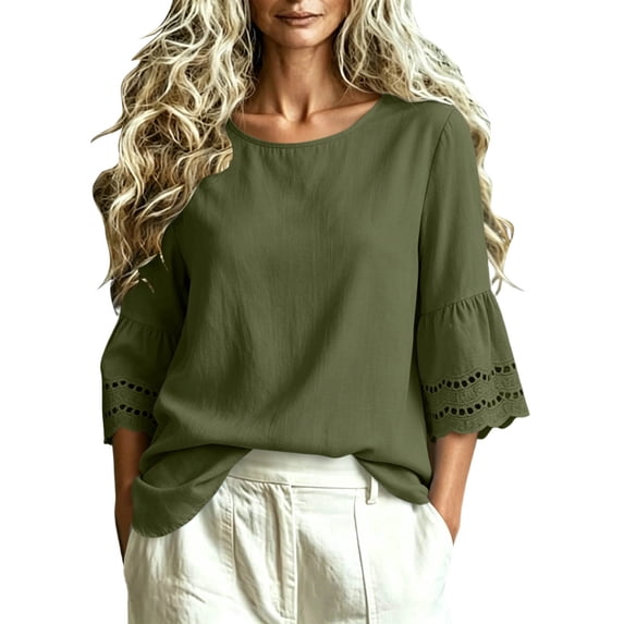 cocolona Womens Summer Linen Tops Crew Neck 3/4 Hollow Out Sleeve Shirts Dressy Casual Loose Solid Color Blouses