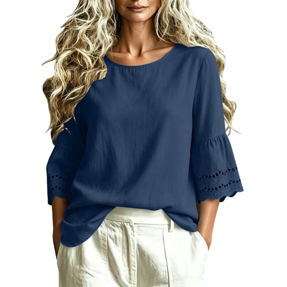 cocolona Womens Summer Linen Tops Crew Neck 3/4 Hollow Out Sleeve Shirts Dressy Casual Loose Solid Color Blouses