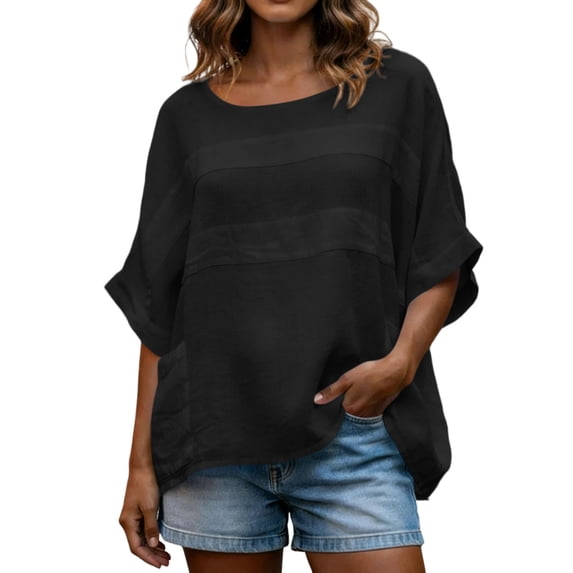 cocolona Womens Summer Linen Tops Crew Neck 3/4 Sleeve T-Shirts Fashion Casual Loose Solid Color Blouses