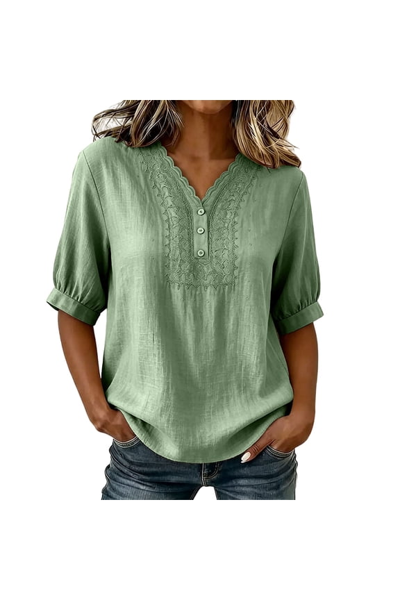Womens Summer Linen Tops Lace Wave-shaped Neckline Short Sleeve Shirts Dressy Casual Solid Color Blouses
