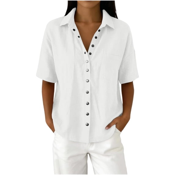 cocolona Womens Summer Linen Tops Lapel Short Sleeve Button Shirts Dressy Casual Loose Solid Color Blouses with Pocket