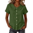 thumbnail image 1 of cocolona Womens Summer Linen Tops Peter Pan Collar Button Short Sleeve Solid Color Shirts Dressy Casual Blouses, 1 of 4