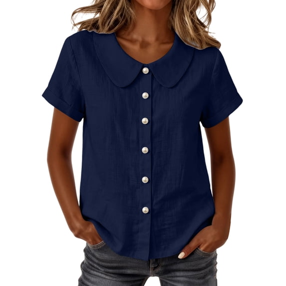 cocolona Womens Summer Linen Tops Peter Pan Collar Button Short Sleeve Solid Color Shirts Dressy Casual Blouses