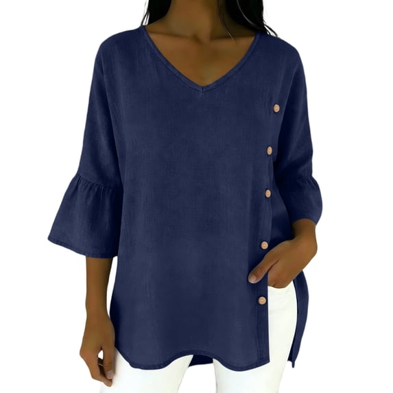 cocolona Womens Summer Linen Tops V Neck Ruffle 3/4 Sleeve Shirts Casual Loose Solid Color Side Button Blouses