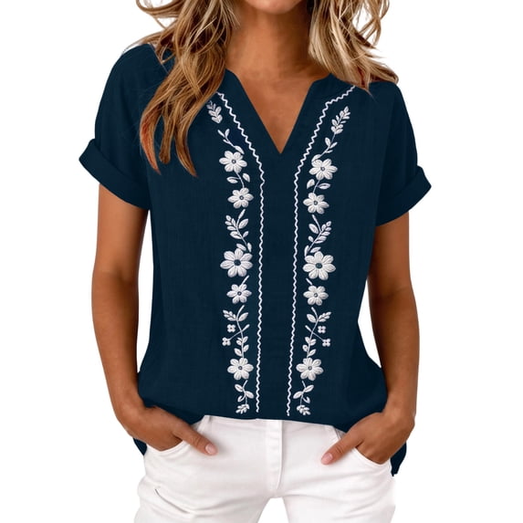 cocolona Womens Summer Linen V Neck Tops Short Sleeve Embroidery Shirts Trendy Casual Loose Blouses
