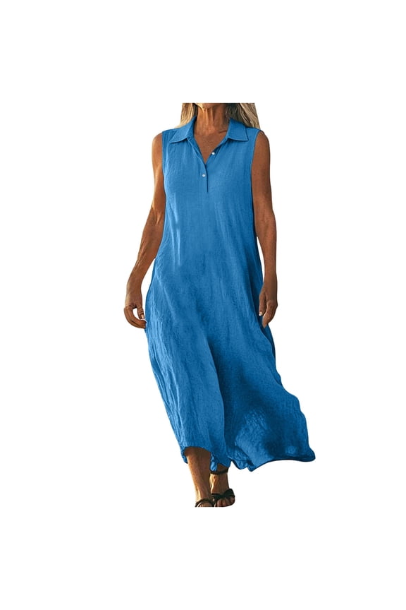 Womens Summer Long Dress Button Down Collar Sleeveless Flowy Maxi Dress Casual Loose Vacation Beach Sundress