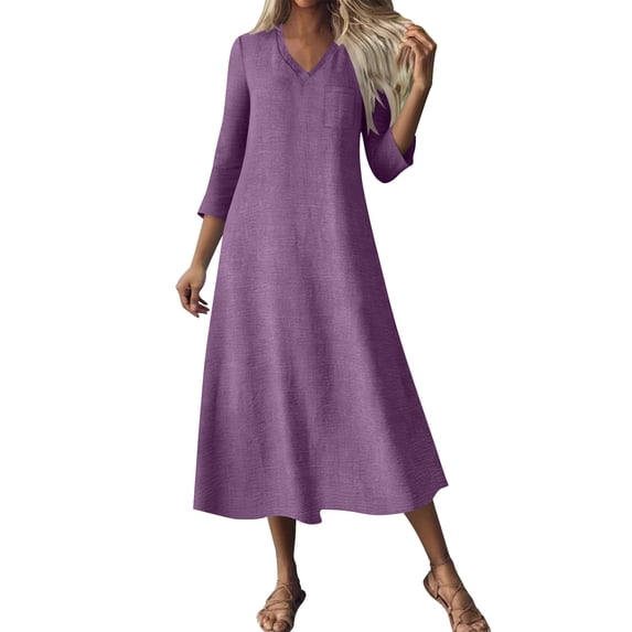 cocolona Womens Summer Long Dress Loose V Neck 3/4 Sleeve Sun Dress Fashion Solid Color Vacation Beach Dress