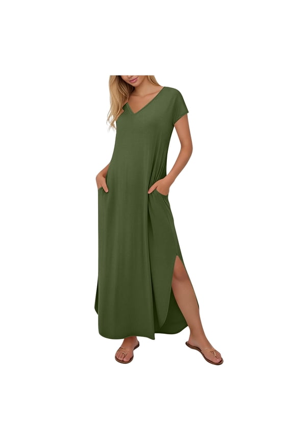 Womens Summer Long Dress V Neck Short Sleeve Slit T-Shirt Dress Casual Loose Beach Sun Dress with Pockets