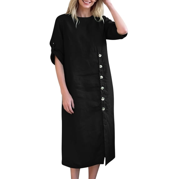 cocolona Womens Summer Long Sleeve Linen Dress Crew Neck Button Midi Dress Fashion Casual Loose Solid Color Vacation Beach Sun Dress