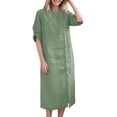 thumbnail image 1 of cocolona Womens Summer Long Sleeve Linen Dress Crew Neck Button Midi Dress Fashion Casual Loose Solid Color Vacation Beach Sun Dress, 1 of 7
