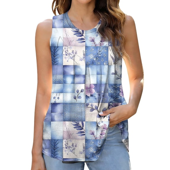 cocolona Womens Summer Loose Fit Tank Tops Crew Neck Sleeveless Shirts Fashion Casual Cute Print Blouses