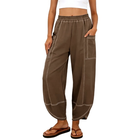 cocolona Womens Summer Loose Linen Pants Casual Elastic Waist Wide Leg Gym Workout Cropped Trousers with Pocket