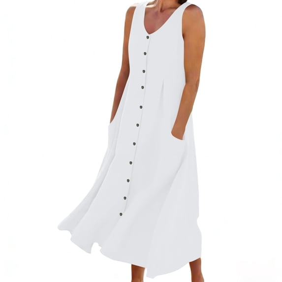 cocolona Womens Summer Loose Long Dress Sleeveless Button V Neck Ruffle Flowy Tank Dress Hawaiian Beach Sundress with Pockets