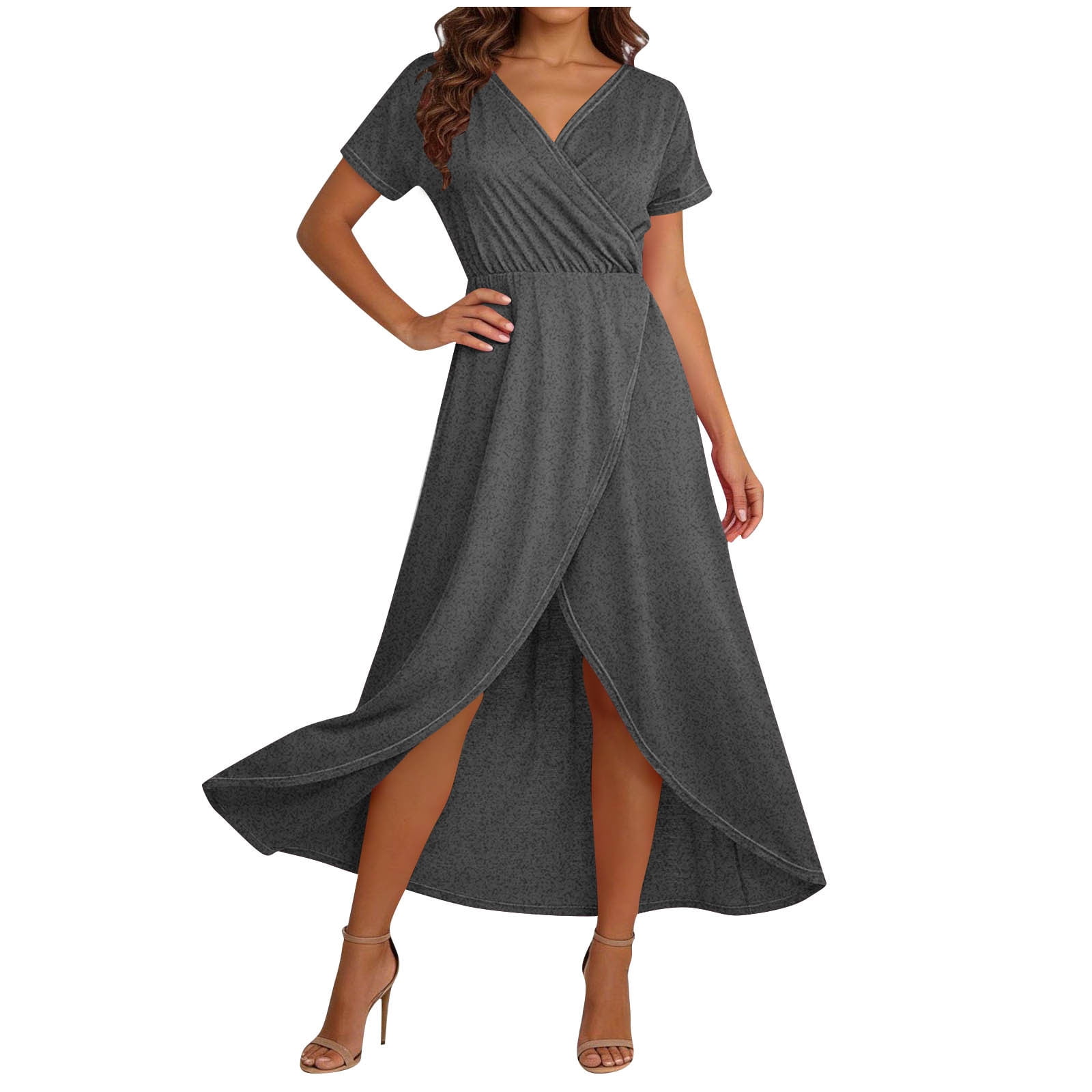 ladies summer wrap dresses cocolona Womens Maxi Dress V Neck Short Sleeve Flowy Slit Long Dress Casual Loose Vacation Beach Sun Dress neckline and contoured wrap silhouette Women Sleeveless Knee Length Retro