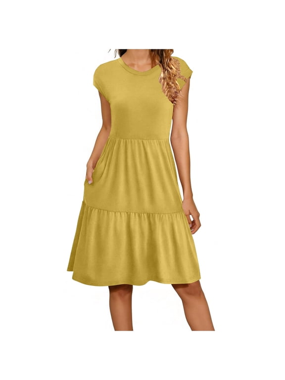 Womens Summer Mini Dress Crew Neck Short Sleeve Ruffle T-shirts Dress Vacation Beach Sun Dress