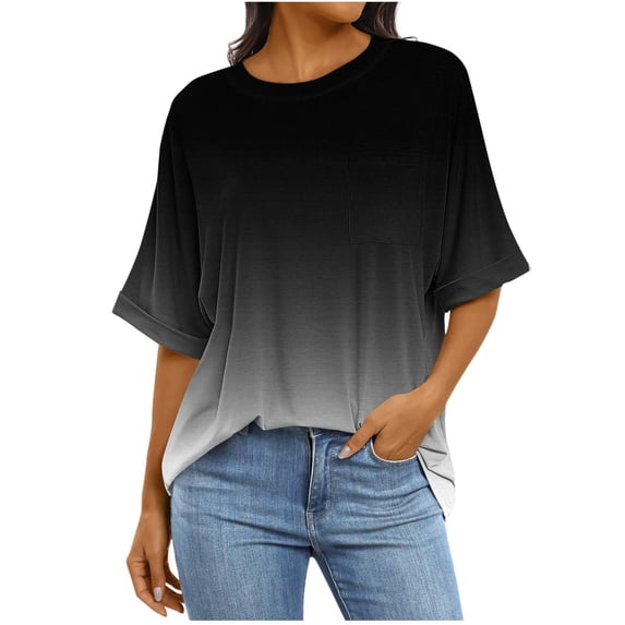 cocolona Womens Summer Oversized T-shirts Fashion Casual Short Sleeve Tops Crew Neck Loose Blouses Gradient Color Tees with Pockets Black L