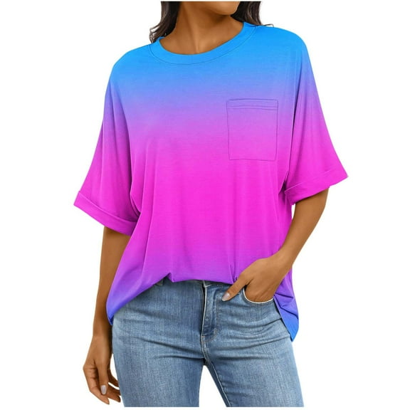 cocolona Womens Summer Oversized T-shirts Fashion Casual Short Sleeve Tops Crew Neck Loose Blouses Gradient Color Tees with Pockets Blue M