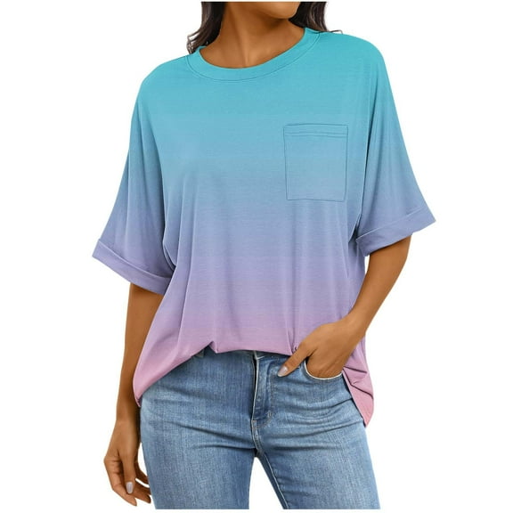 cocolona Womens Summer Oversized T-shirts Fashion Casual Short Sleeve Tops Crew Neck Loose Blouses Gradient Color Tees with Pockets Blue XL