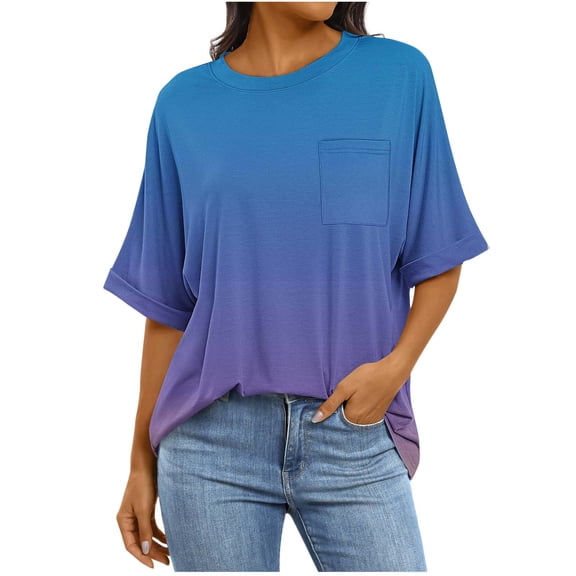 cocolona Womens Summer Oversized T-shirts Fashion Casual Short Sleeve Tops Crew Neck Loose Blouses Gradient Color Tees with Pockets Blue XXL