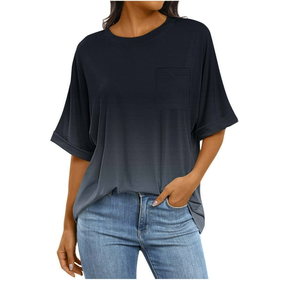 cocolona Womens Summer Oversized T-shirts Fashion Casual Short Sleeve Tops Crew Neck Loose Blouses Gradient Color Tees with Pockets Navy L