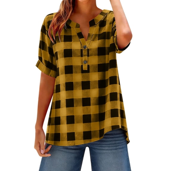 cocolona Womens Summer Plaid Shirts Fashion Casual Short Sleeve V Neck Button Tops Loose Tunic Blouses