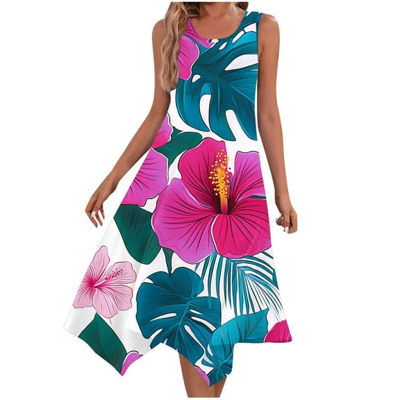cocolona Womens Summer Pleated Flowy Long Dress Fashion Crew Neck Sleeveless Tank Dress Casual Loose Boho Print Dress Hawaiian Sundress