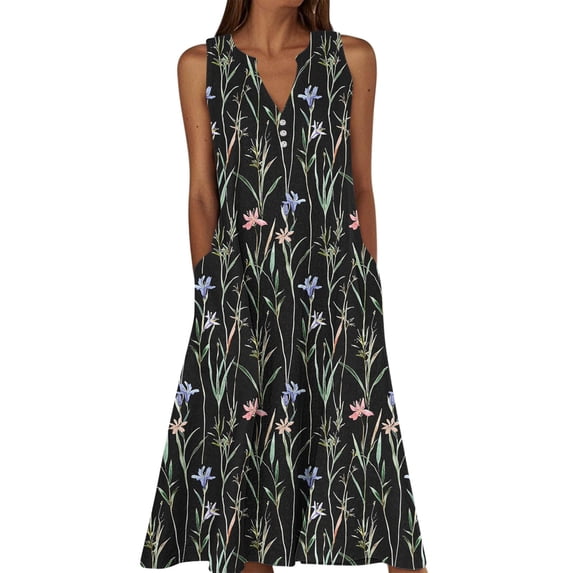 cocolona Womens Summer Plus Size Boho Floral Dress Button V Neck Sleeveless Ruffle Flowy Long Dress Vacation Beach Sundress with Pockets