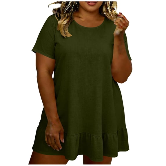 cocolona Womens Summer Plus Size Dress Crew Neck Short Sleeve Ruffle Flowy Mini Dress Fashion Casual Loose T-shirt Dress