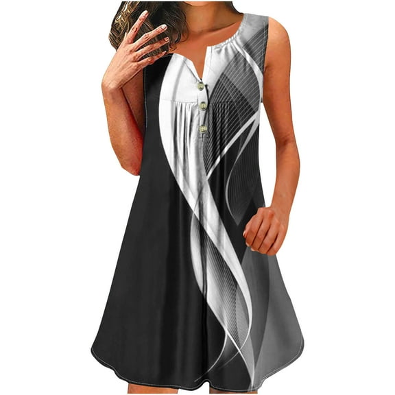 cocolona Womens Summer Plus Size Dress Fashion Button Crew Neck Sleeveless Pleated Color Block Sundress Casual Loose Beach Mini Dress