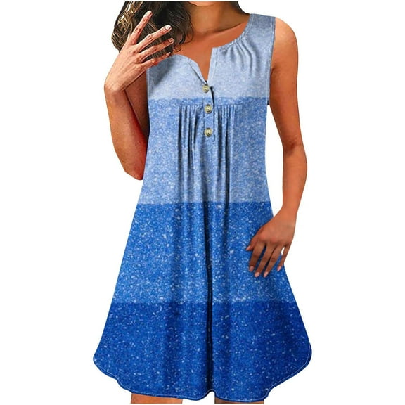 cocolona Womens Summer Plus Size Dress Fashion Button Crew Neck Sleeveless Pleated Color Block Sundress Casual Loose Beach Mini Dress