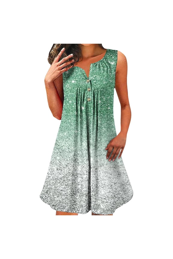 Womens Summer Plus Size Dress Fashion Button Crew Neck Sleeveless Pleated Sparkling Print Sundress Casual Loose Beach Mini Dress