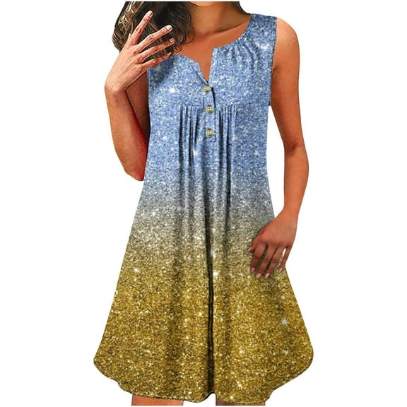cocolona Womens Summer Plus Size Dress Fashion Button Crew Neck Sleeveless Pleated Sparkling Print Sundress Casual Loose Beach Mini Dress