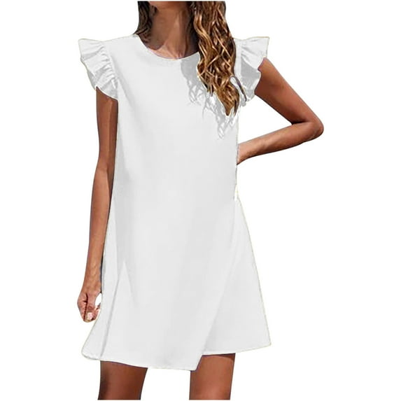cocolona Womens Summer Plus Size Dress Fashion Crew Neck Ruffle Sleeveless Mini Dress Casual Loose Solid Color Sundress