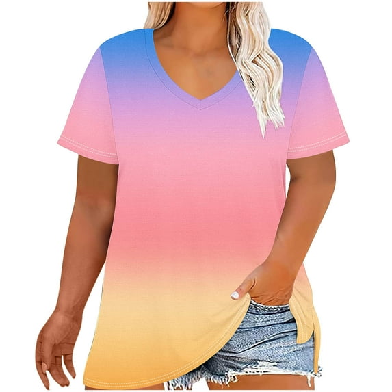 cocolona Womens Summer Plus Size T-shirts V Neck Short Sleeve Gradient Color Tops Fashion Casual Loose Basic Shirts