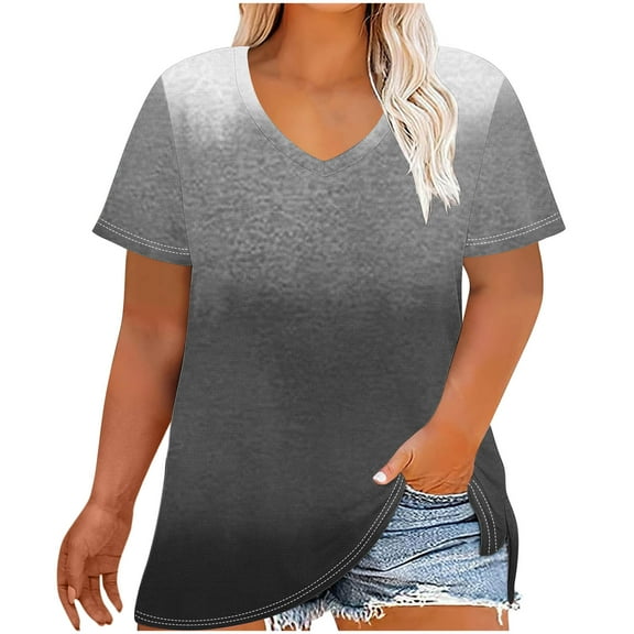 cocolona Womens Summer Plus Size T-shirts V Neck Short Sleeve Gradient Color Tops Fashion Casual Loose Basic Shirts