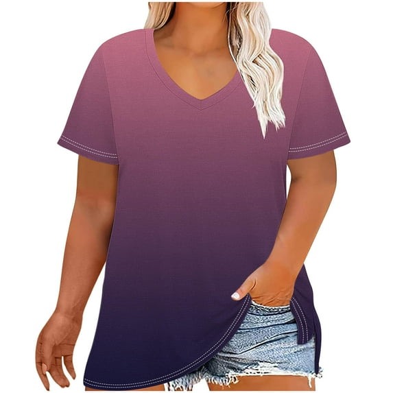 cocolona Womens Summer Plus Size T-shirts V Neck Short Sleeve Gradient Color Tops Fashion Casual Loose Basic Shirts