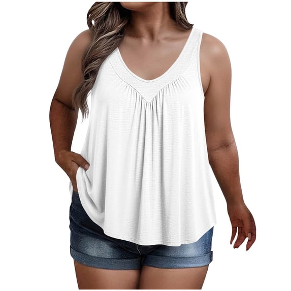cocolona Womens Summer Plus Size Tank Tops Crew Neck Sleeveless Pleated Oversized Shirts Casual Flowy Tunic Solid Color Blouses
