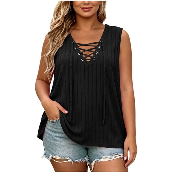 cocolona Womens Summer Plus Size Tank Tops V Neck Drawstring Sleeveless Oversized Shirts Casual Tunic Solid Color Blouses