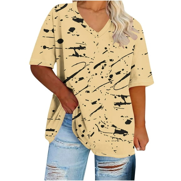 cocolona Womens Summer Plus Size Tops Oversized V Neck Short Sleeve T-shirts Fashion Casual Print Tees Blouse