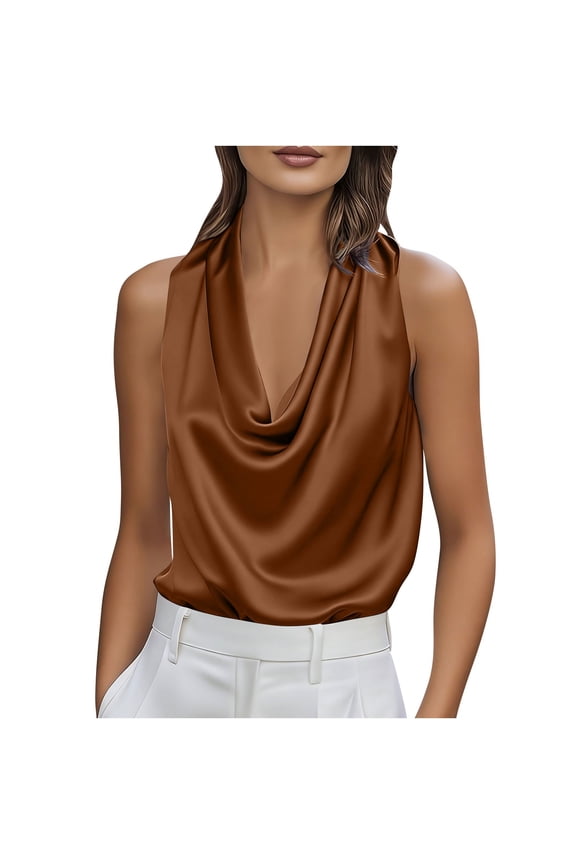 Womens Summer Satin Silk Tank Tops Fashion Solid Color Cowl Neck Sleeveless Shirts Dressy Casual Blouses