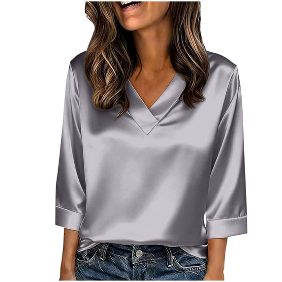 cocolona Womens Summer Satin Silk Tops Solid Color V Neck 3/4 Sleeve Shirts Fashion Casual Loose Lightweight Blouses