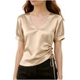 thumbnail image 1 of cocolona Womens Summer Satin Tops V Neck Short Sleeve Drawstring Side Slim Fit Shirt Trendy Casual Solid Color Blouses, 1 of 5