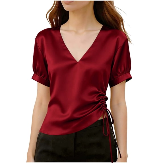 cocolona Womens Summer Satin Tops V Neck Short Sleeve Drawstring Side Slim Fit Shirt Trendy Casual Solid Color Blouses