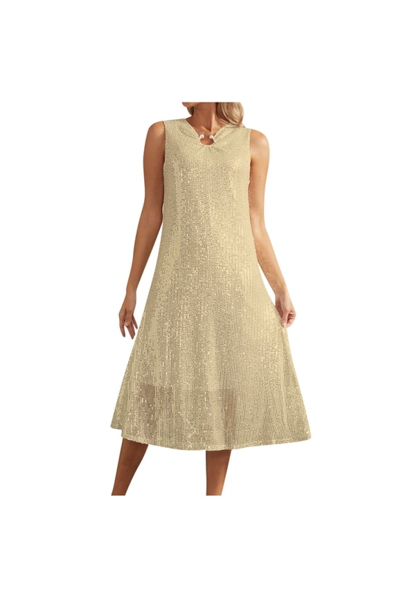 Womens Summer Sequin Dress Fashion Crew Neck Sleeveless Midi Dress Casual Loose Wedding Guest Dress Formal Party Evening Dress